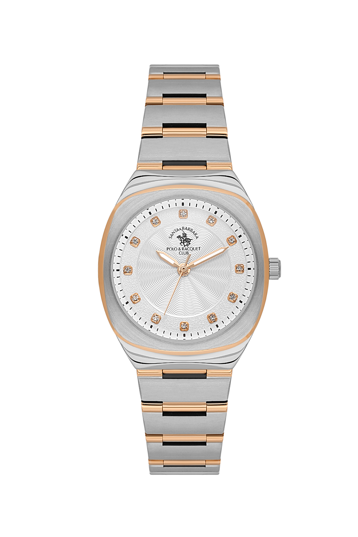 Two-tone watch with silver and rose gold band on a white background