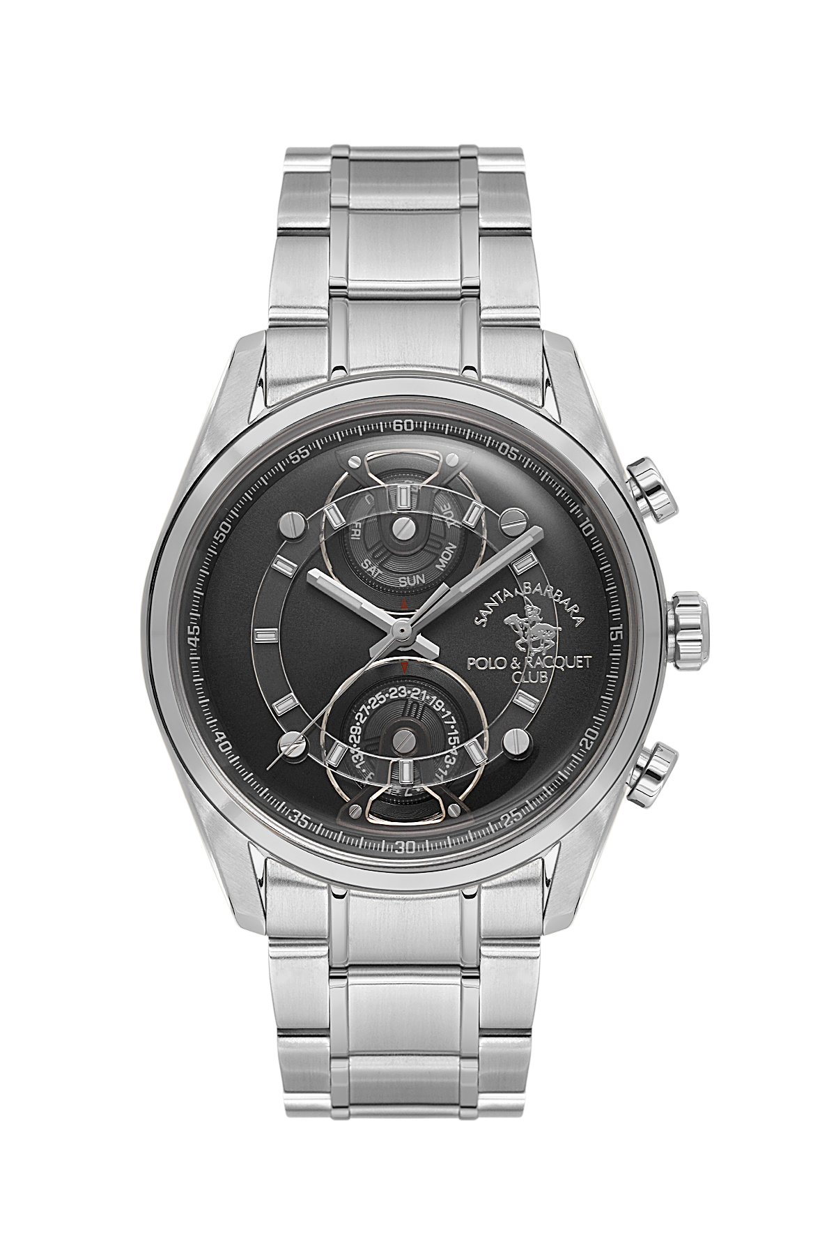 Silver watch with detailed face on a white background