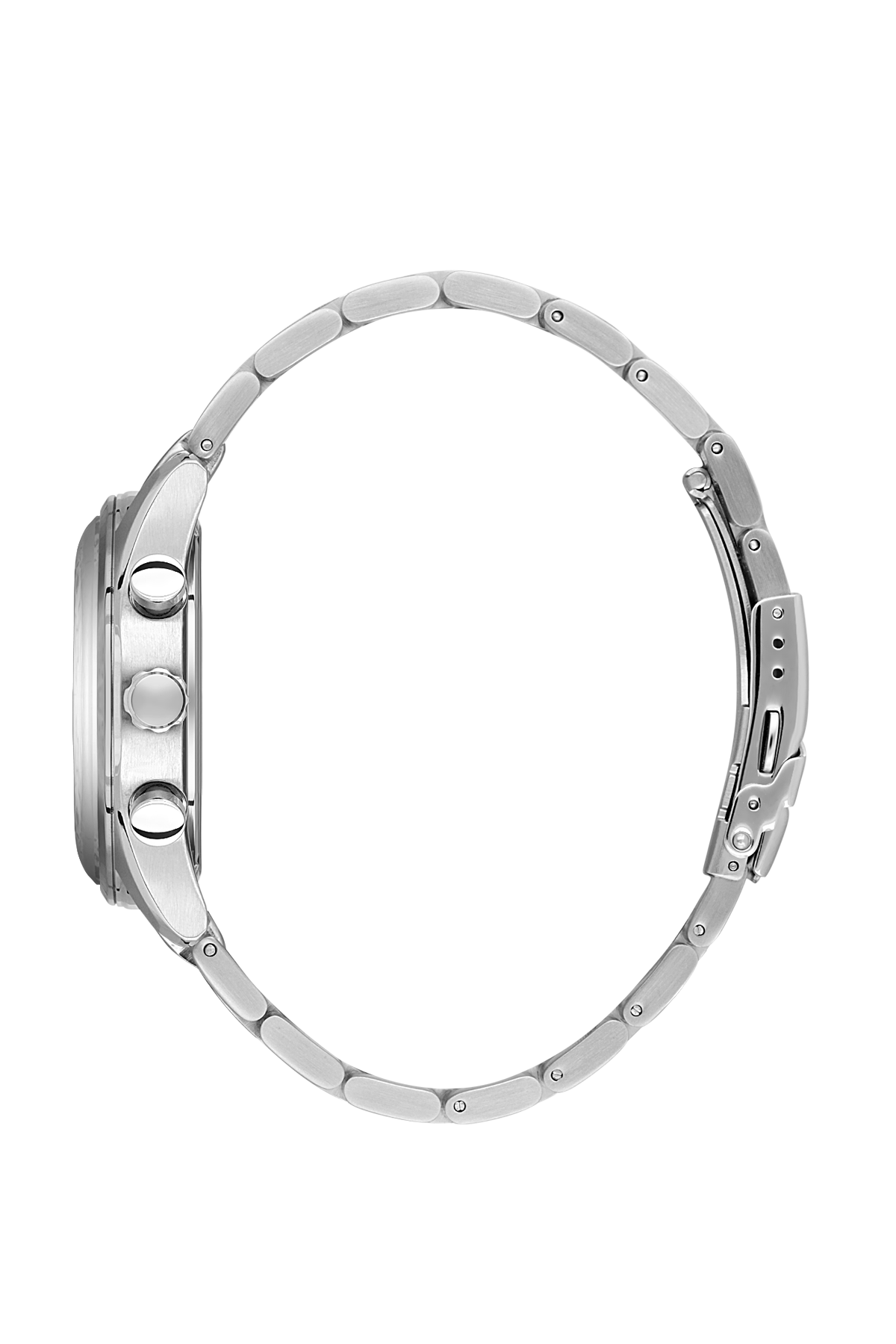 Silver watch case on a white background