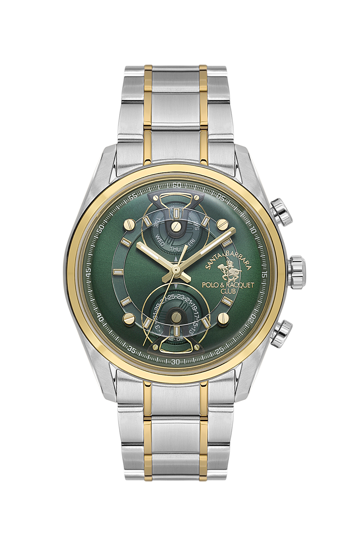 Two-tone watch with green face and gold accents on a white background