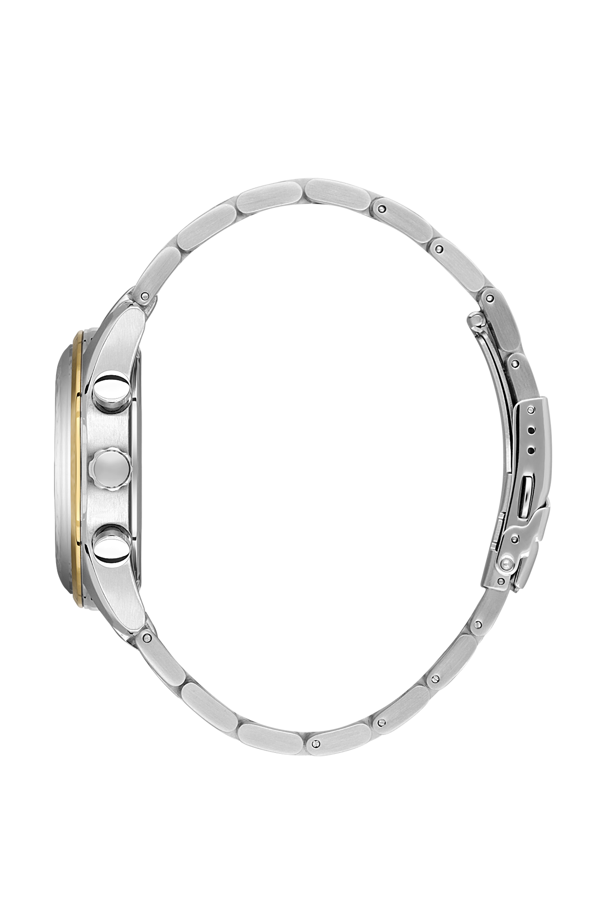 Close-up of a silver watch case on a white background