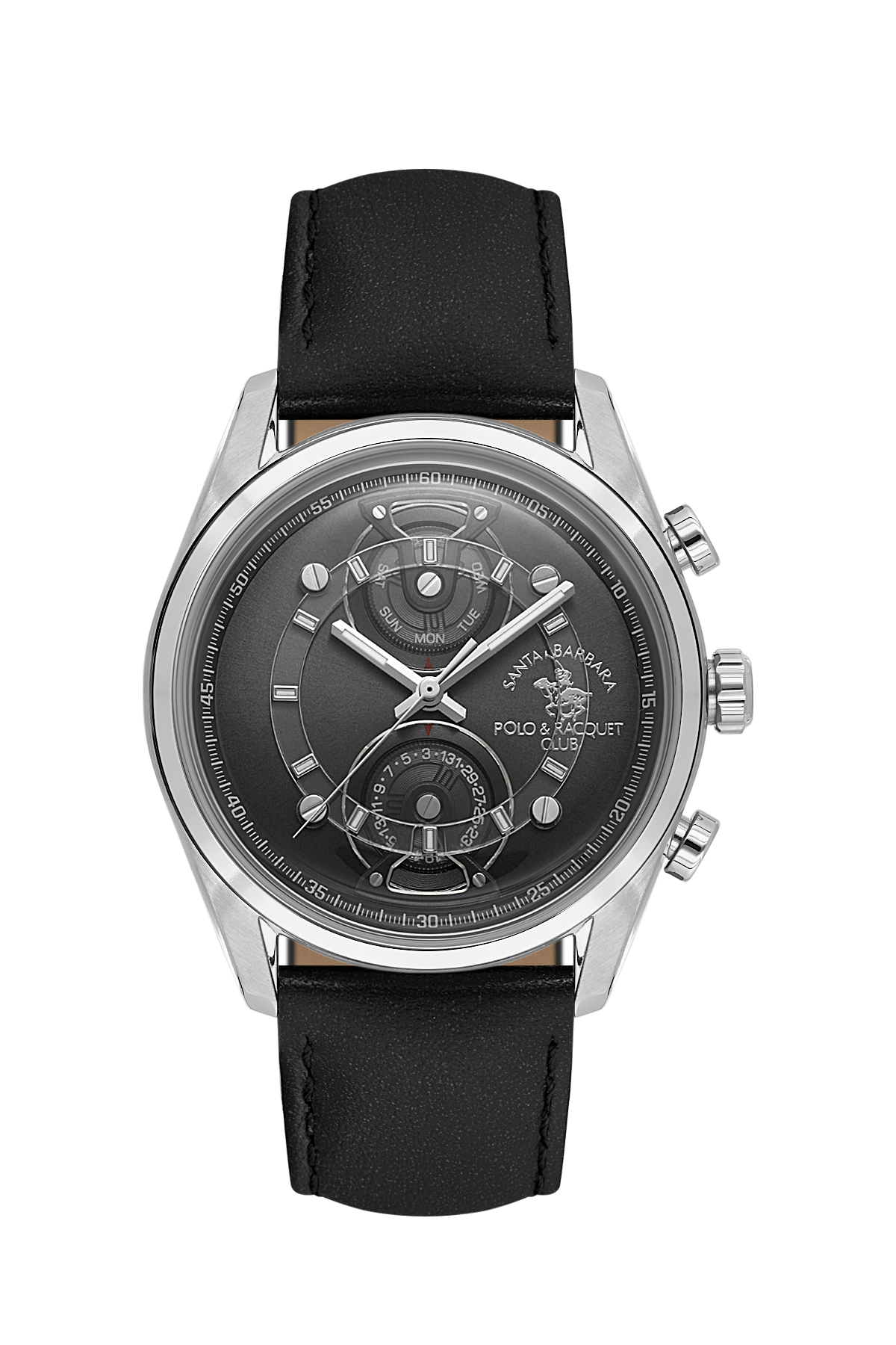 Watch with black leather strap and silver case on a white background