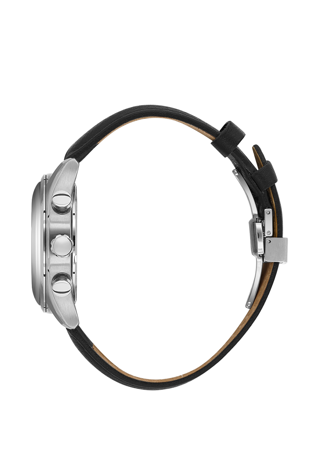 Close-up of a watch with a black strap on a white background
