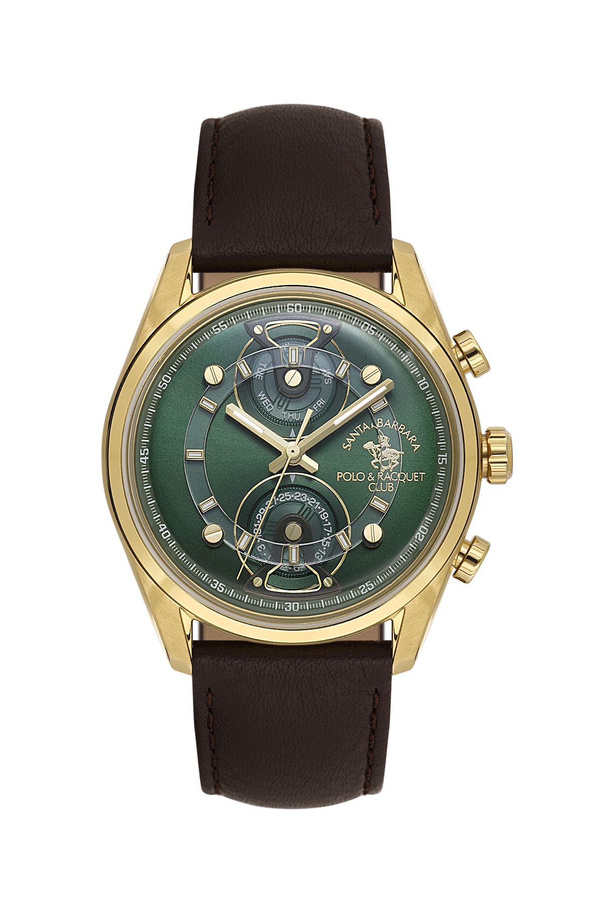 Watch with green face, gold case, and brown leather strap on white background