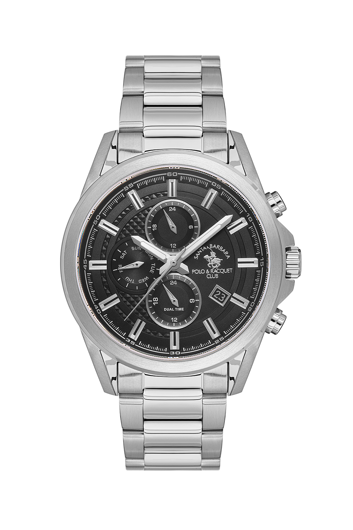 Silver watch with black dial on a white background