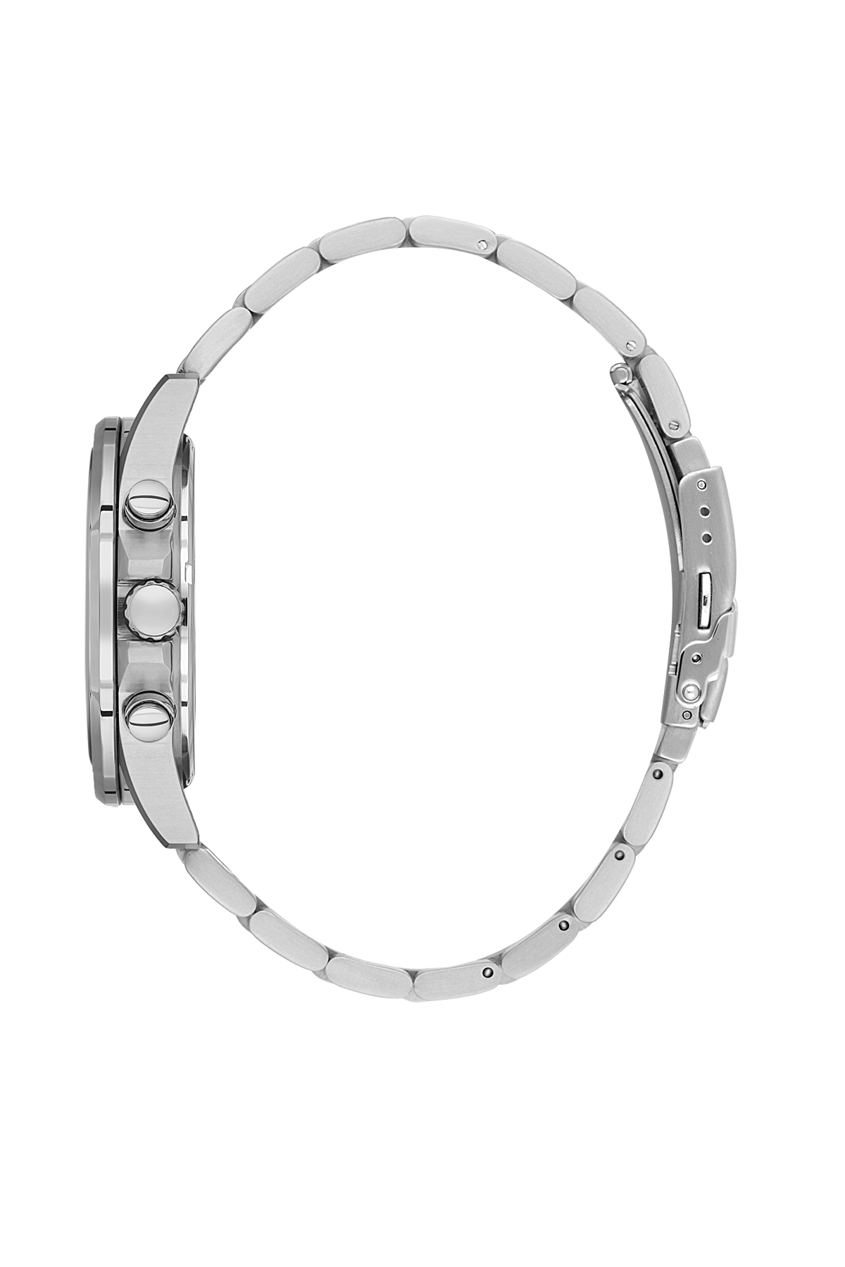 Silver watch with a detailed face on a white background