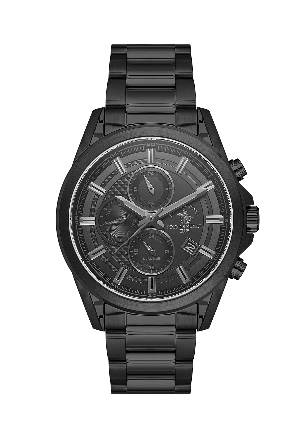 Black wristwatch with detailed face on a white background
