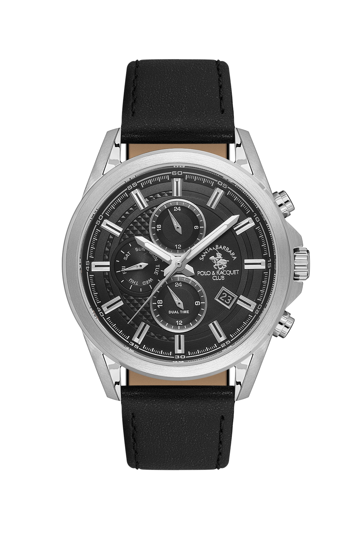 Black wristwatch with a detailed face on a white background