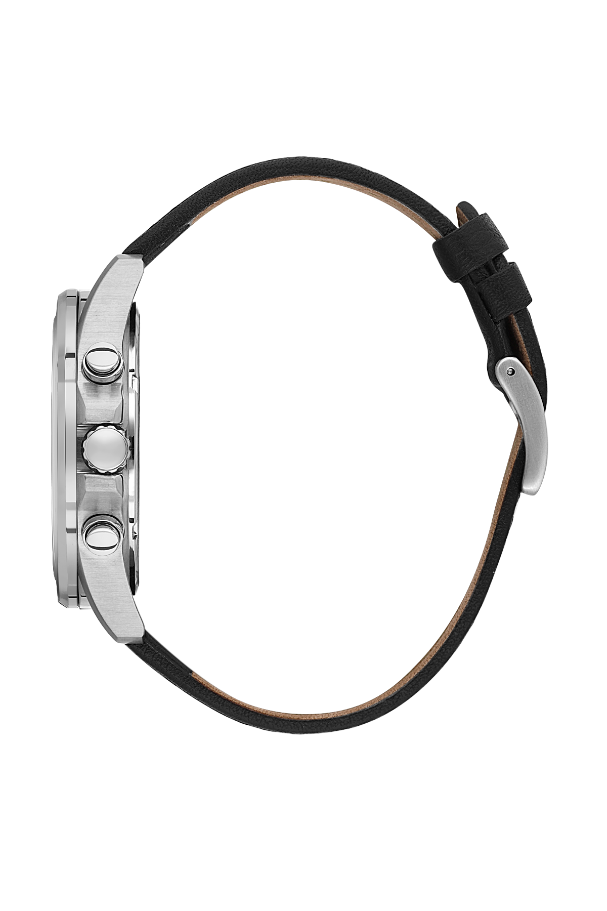 Close-up of a watch with a black strap on a white background