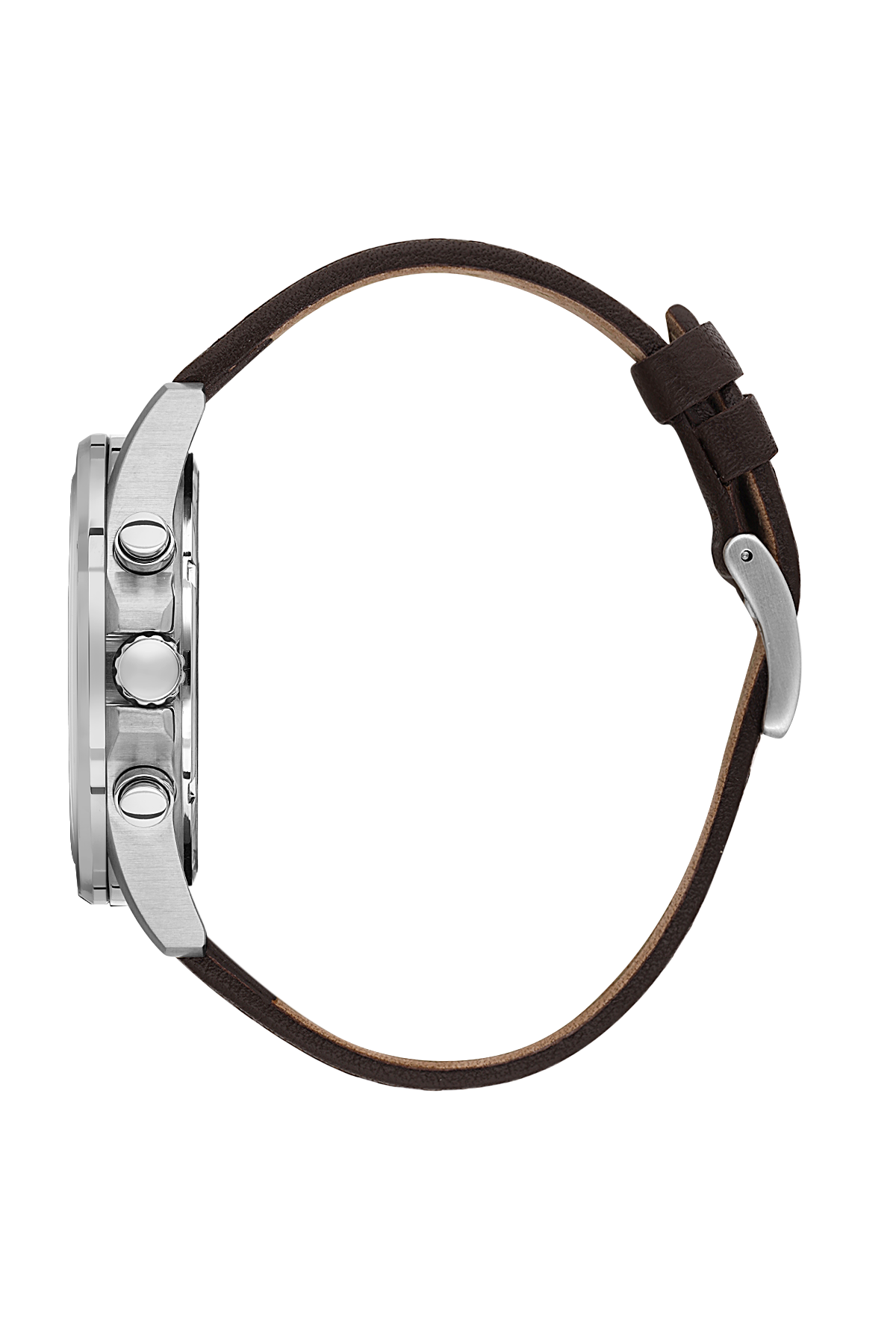 Close-up of a watch with a brown leather strap on a white background