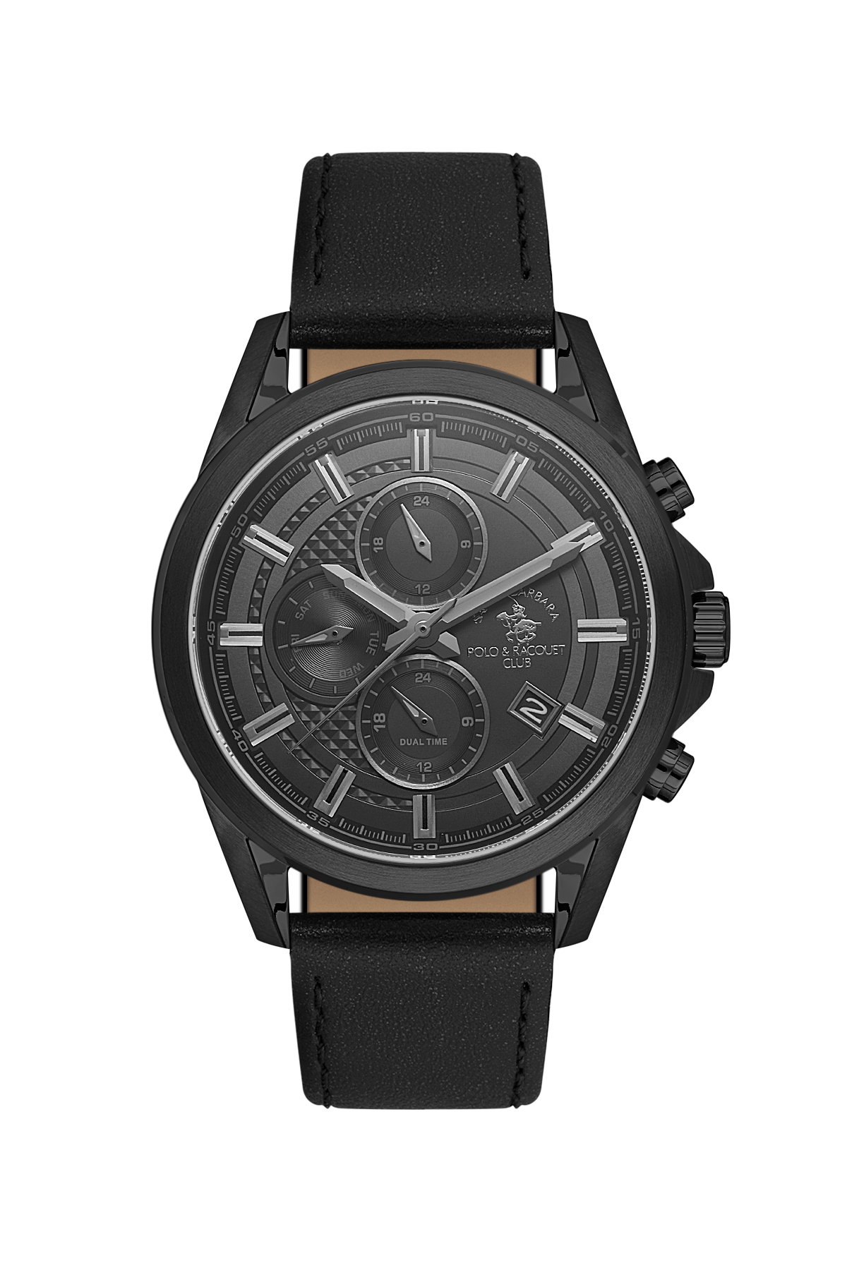 Black watch with detailed face on a white background