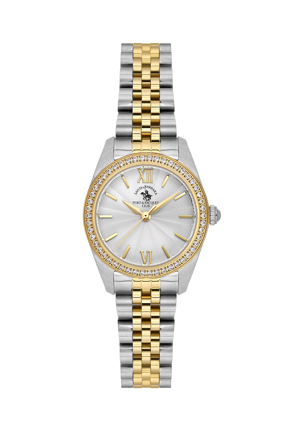 A two-tone stainless steel and yellow gold wristwatch with a silver sunburst dial, Roman numeral hour markers, a bezel lined with small clear crystals, and a matching two-tone link bracelet. The brand name 'Patek Philippe' is visible on the dial.