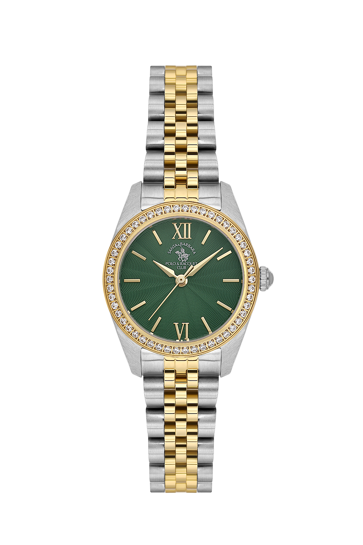 A two-tone watch with a green dial, gold-tone Roman numeral hour markers, a diamond-accented bezel, and a two-tone steel and gold link bracelet, shown on a plain white background.