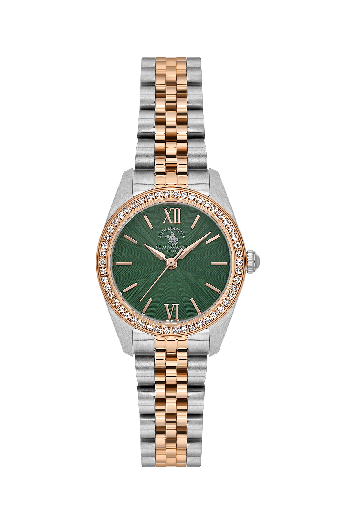 A women's two-tone stainless steel and rose gold watch with a green dial, crystal bezel, and Roman numeral hour markers.