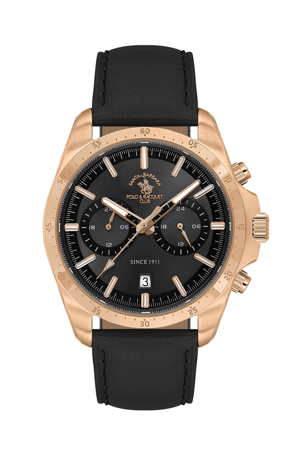 A wristwatch with a black leather strap, a black dial, and a rose gold-tone case. The dial features the text 'POOL LAUGH CLUB' and 'SINCE 1911' along with the club's crest logo.
