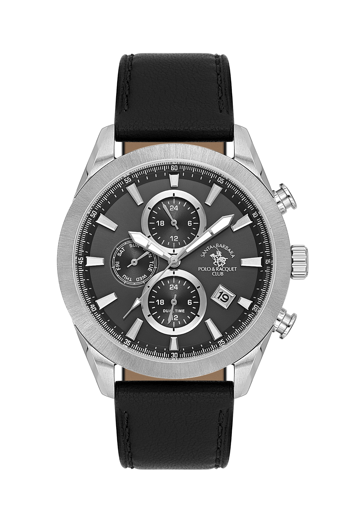 A Polo Ralph Lauren Club Monaco watch with a black leather strap, a brushed silver stainless steel case, and a dark gray dial with three subdials and a date window.