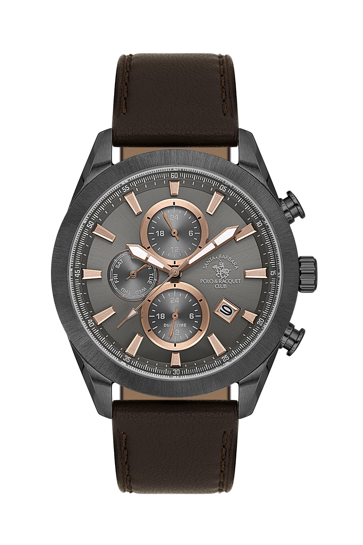 A men's chronograph watch by Piquadro, featuring a dark gray case, rose gold-toned dial details and markers, and a dark brown leather strap, shown against a plain white background.