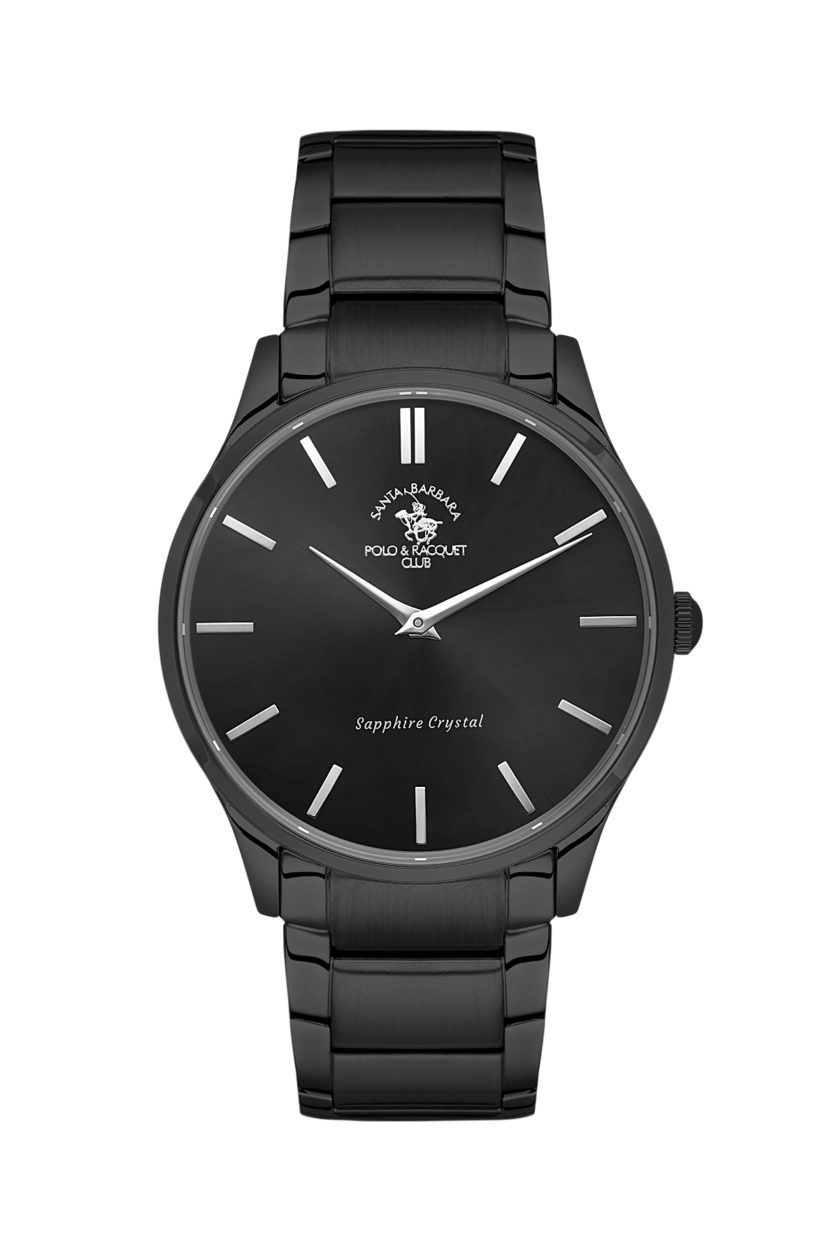 Black wristwatch with brand logo on a white background
