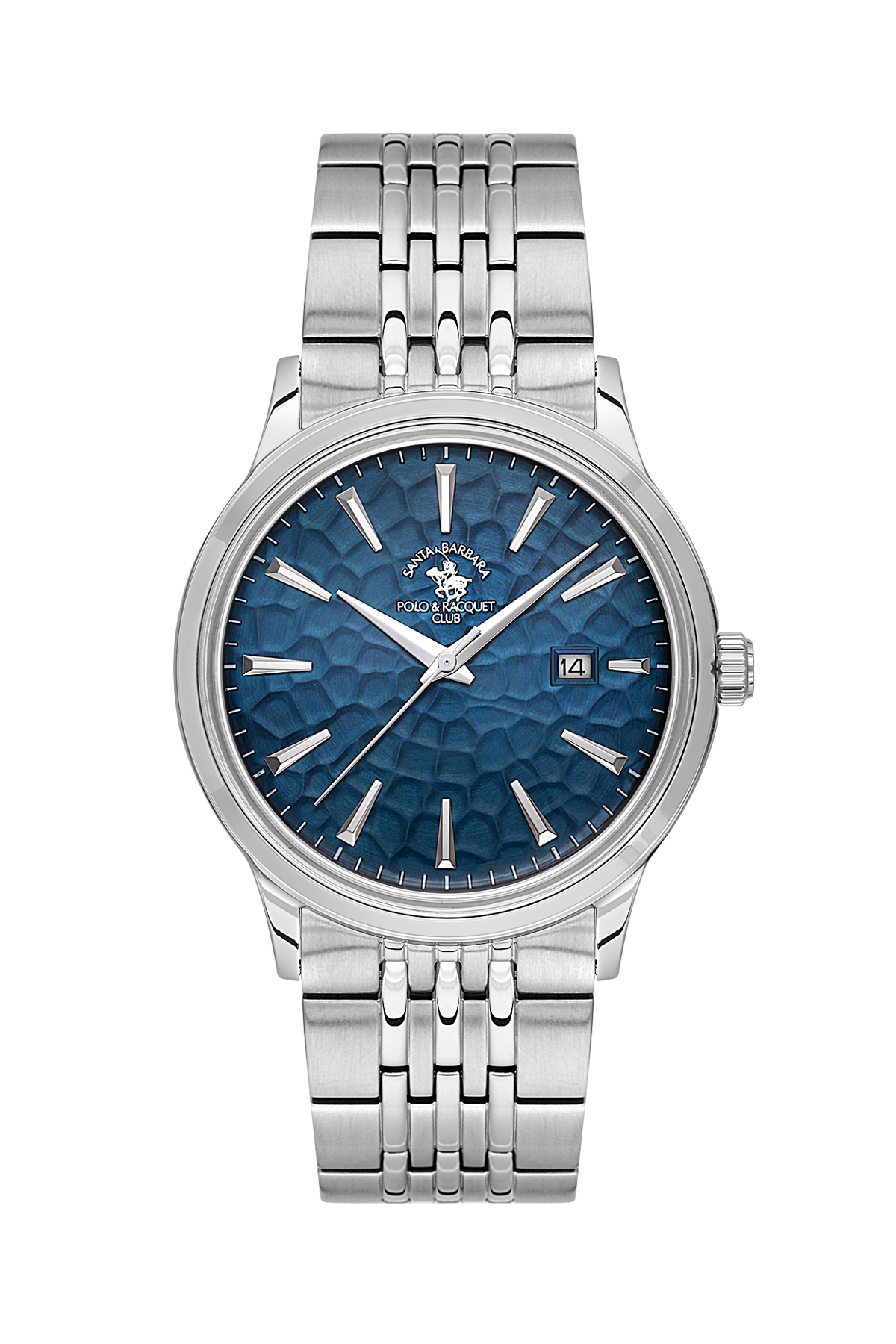 A wristwatch with a silver stainless steel case and link bracelet, featuring a textured blue dial with silver-tone indices and hands, and a date window at 3 o'clock.