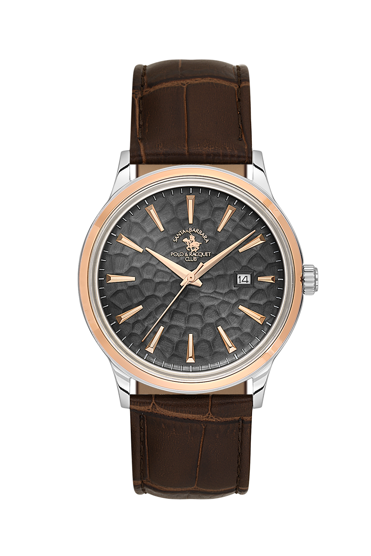 A luxury wristwatch by Montblanc, featuring a dark textured dial with rose gold-tone markers and hands, a two-tone silver and rose gold bezel, and a brown alligator leather strap.