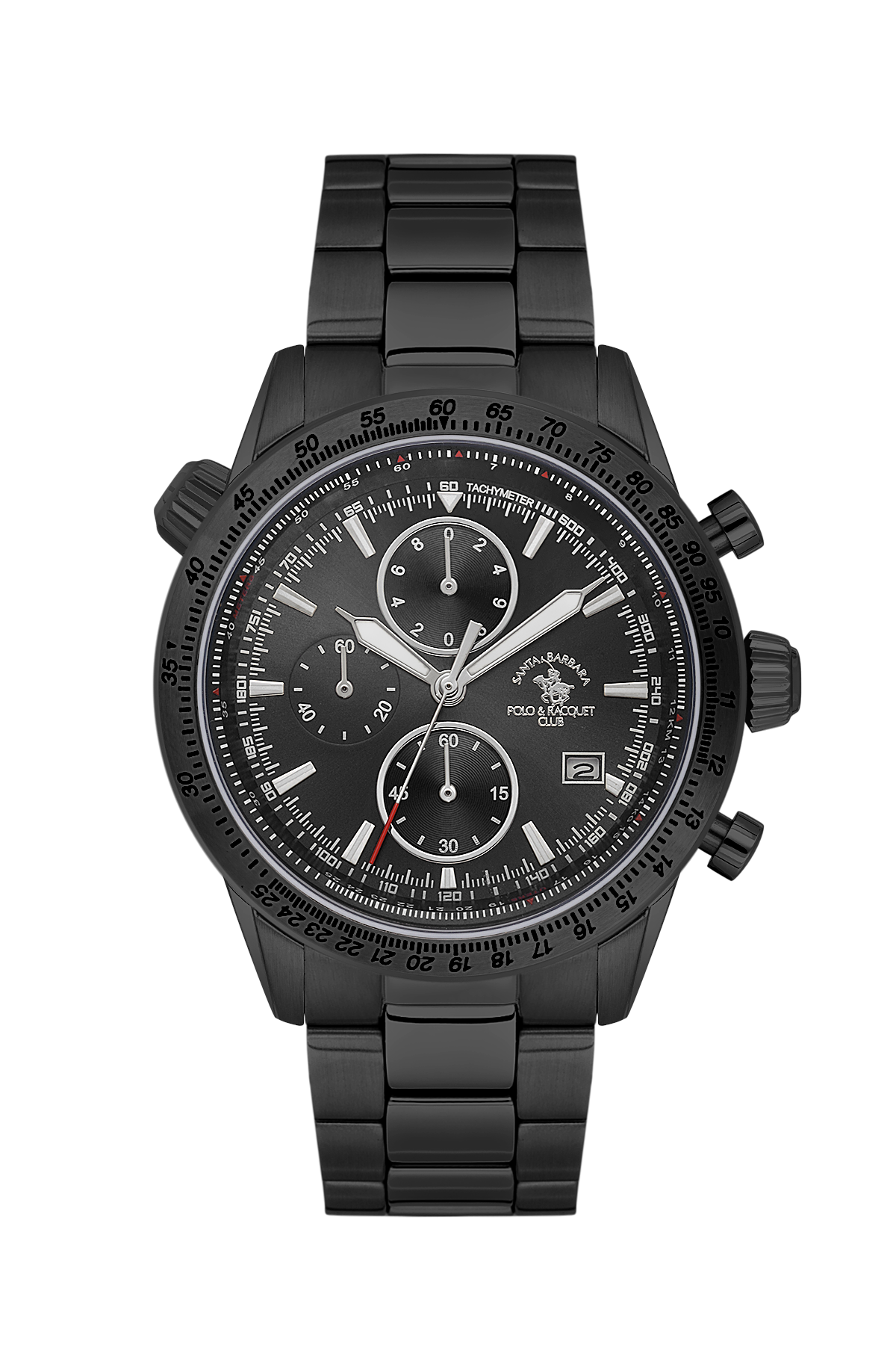 Black chronograph watch with detailed face on a white background