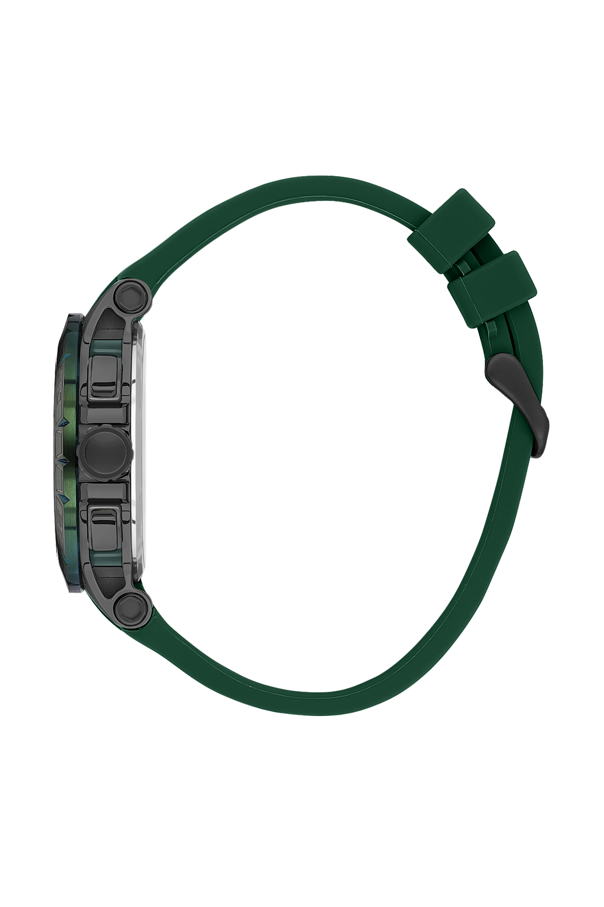 Green watch with a strap on a white background