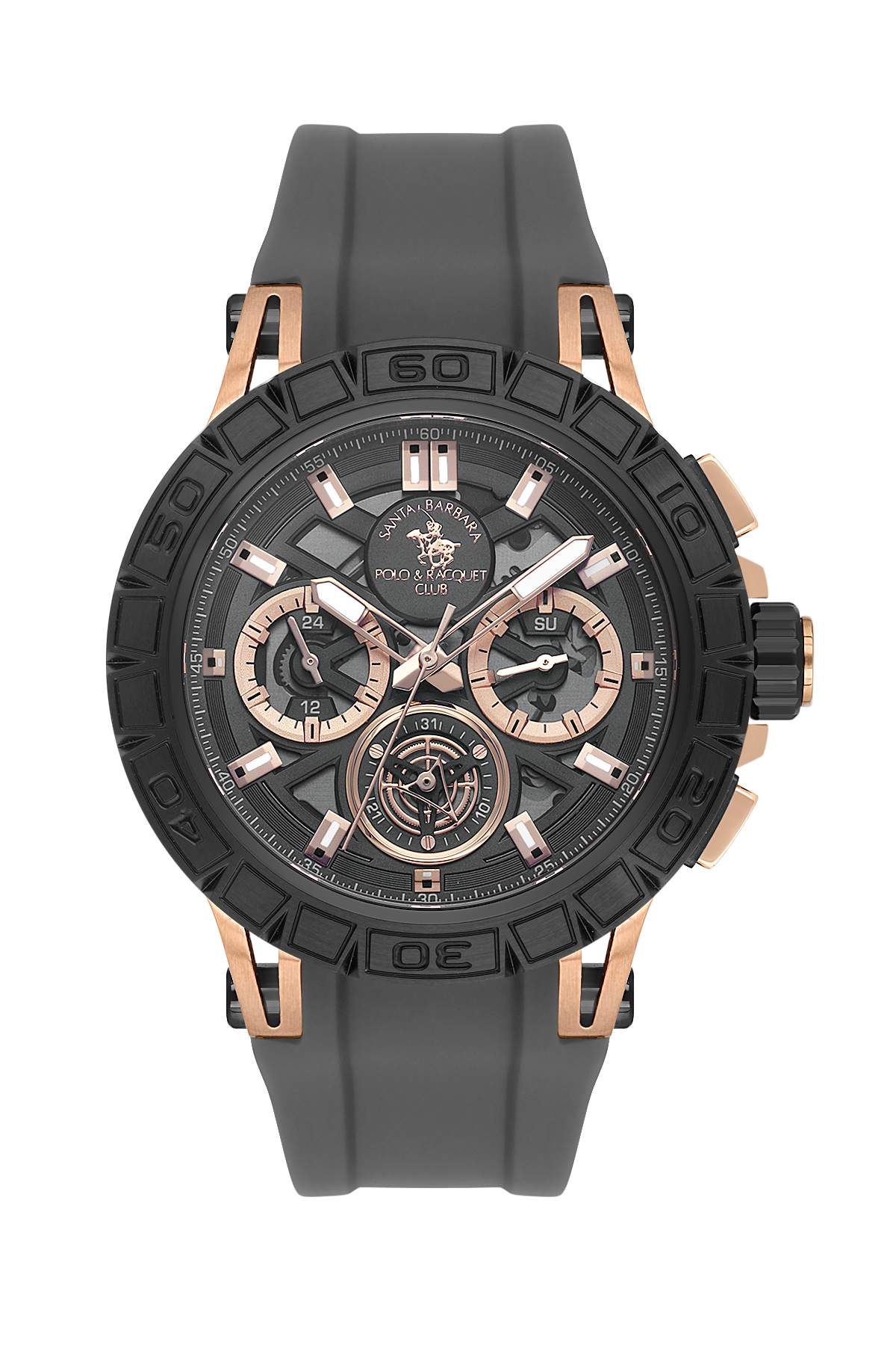 Black and rose gold watch with detailed face on a white background