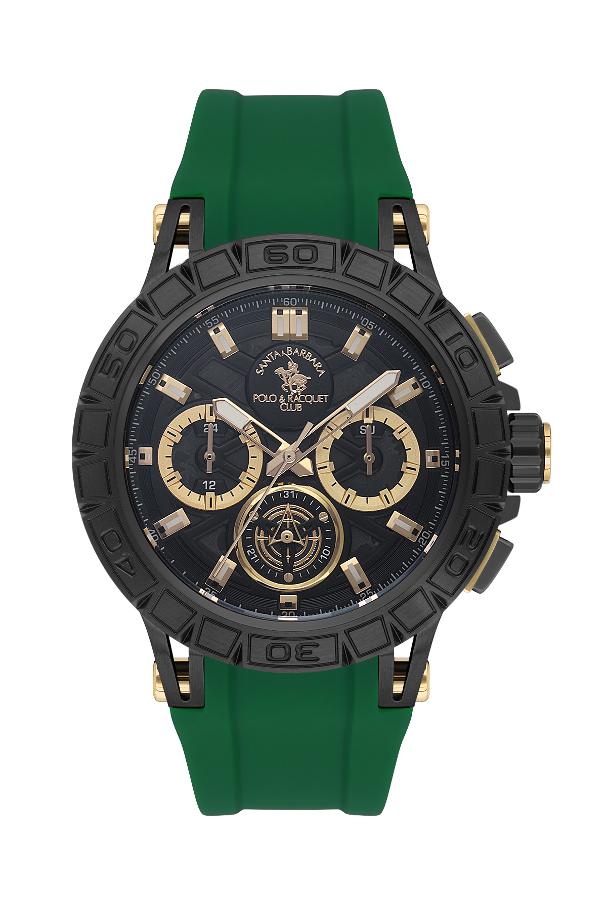 Green watch with black and gold details on a white background