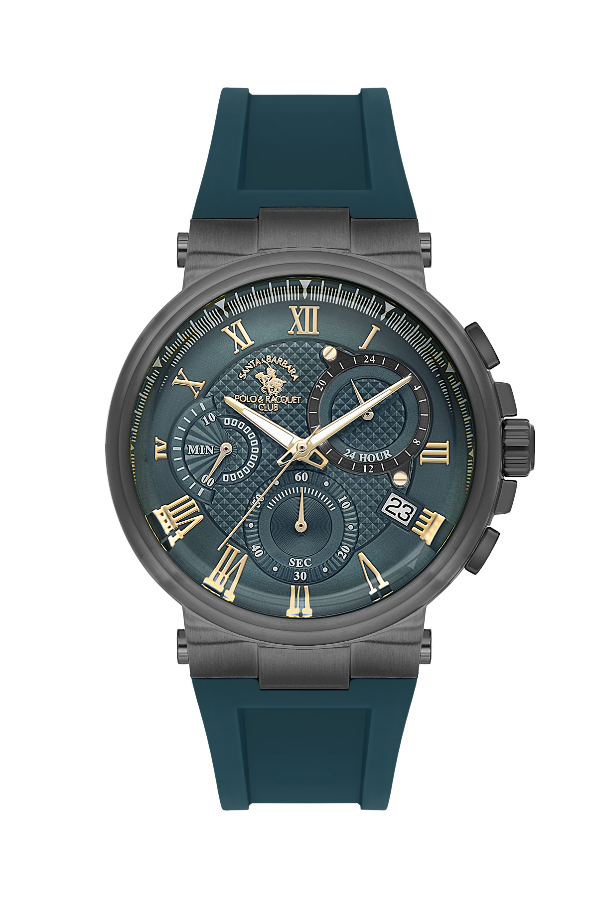A luxury chronograph watch by Cartier, featuring a dark teal dial, gold-tone Roman numerals and hands, and a dark gray metal case with a matching dark teal silicone strap, shown against a plain white background.