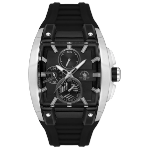 Black and silver watch with detailed face on a white background
