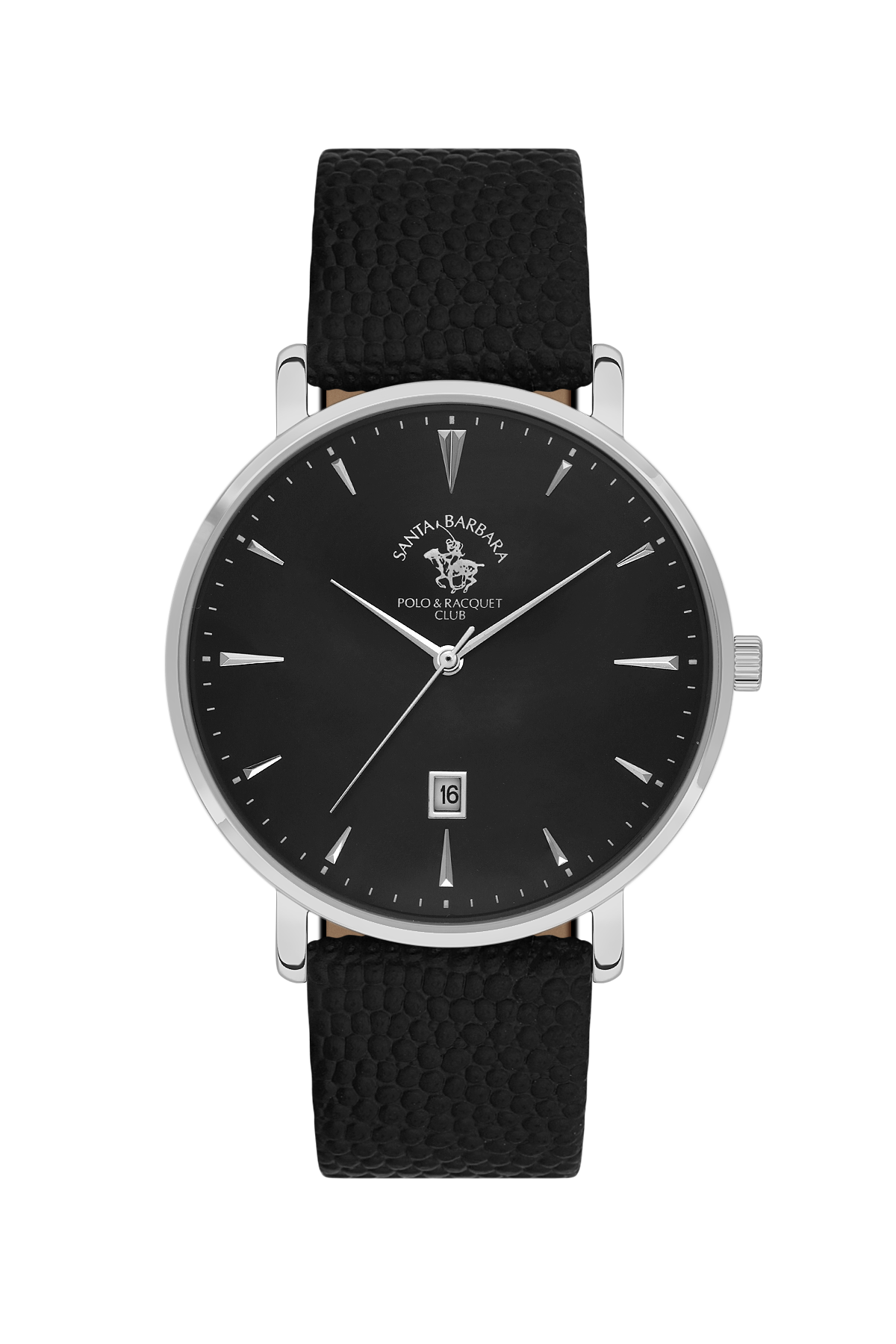 Black watch with a black strap on a white background