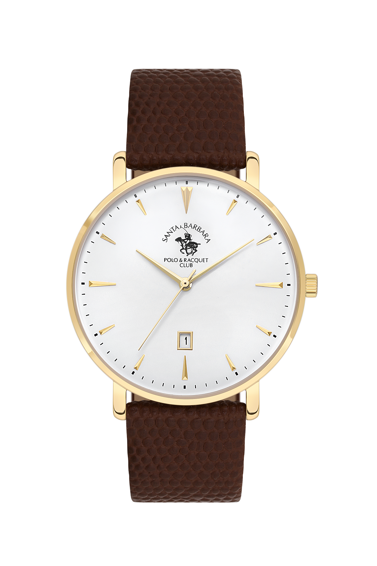 Watch with brown leather strap and gold case on white background