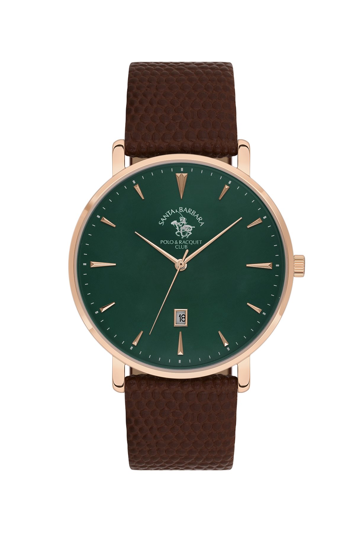 Watch with green dial and brown leather strap on a white background