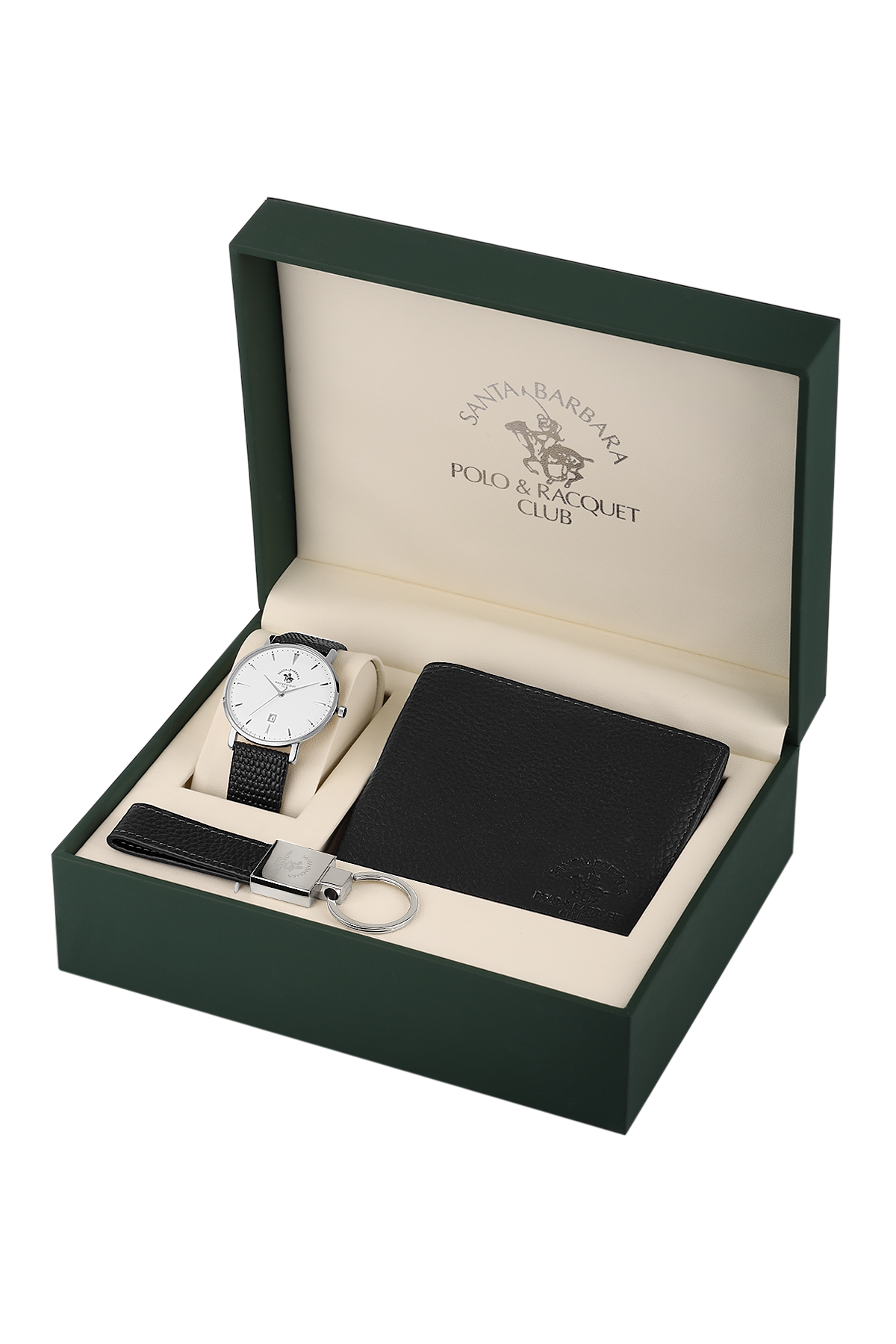 Watch and wallet set in a branded box