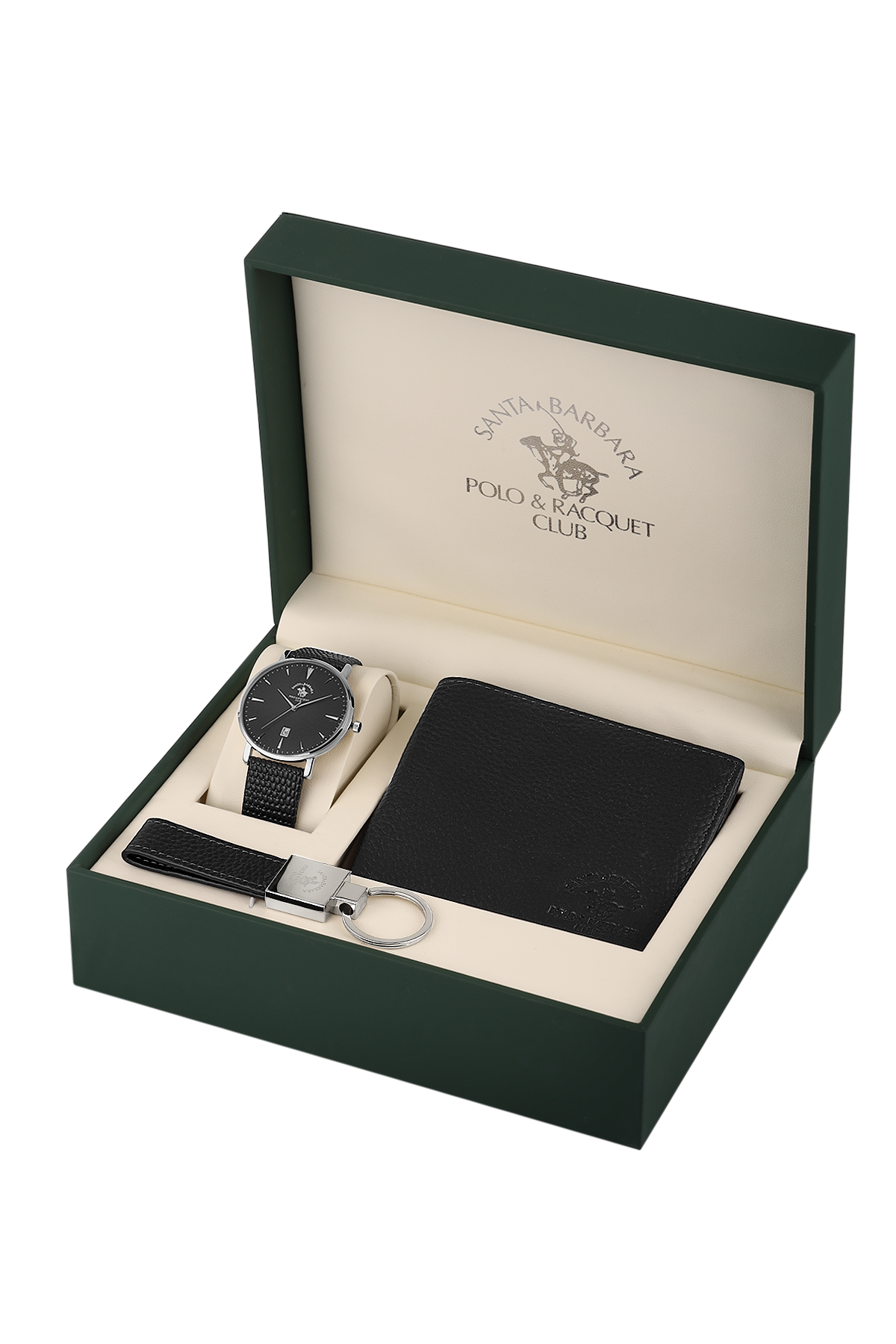 Polo & Racquet Club watch and wallet set in a green box