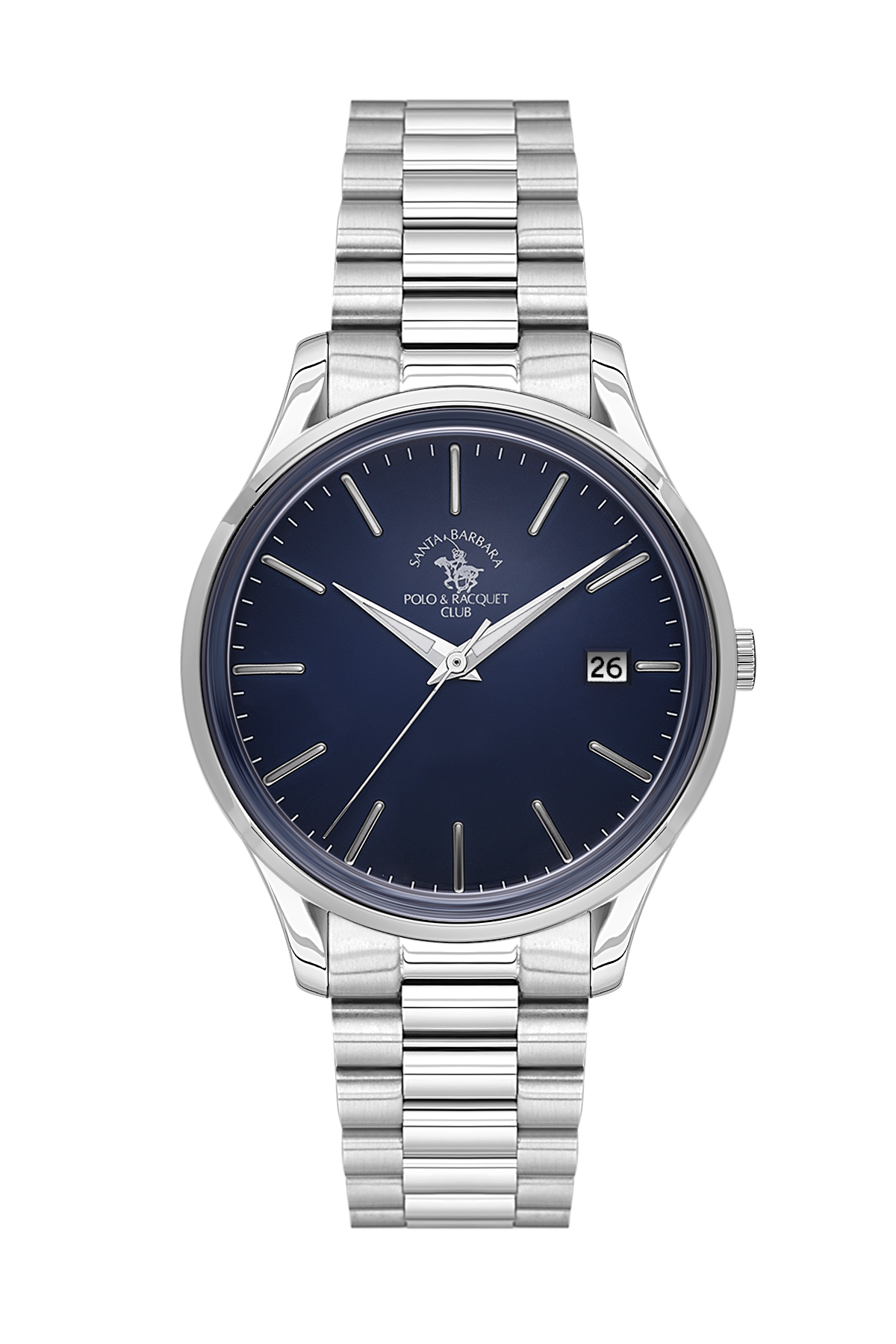 Silver watch with a blue dial on a white background