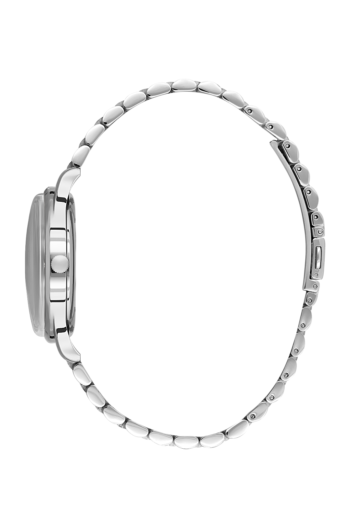 Silver watch with beaded bracelet on a white background