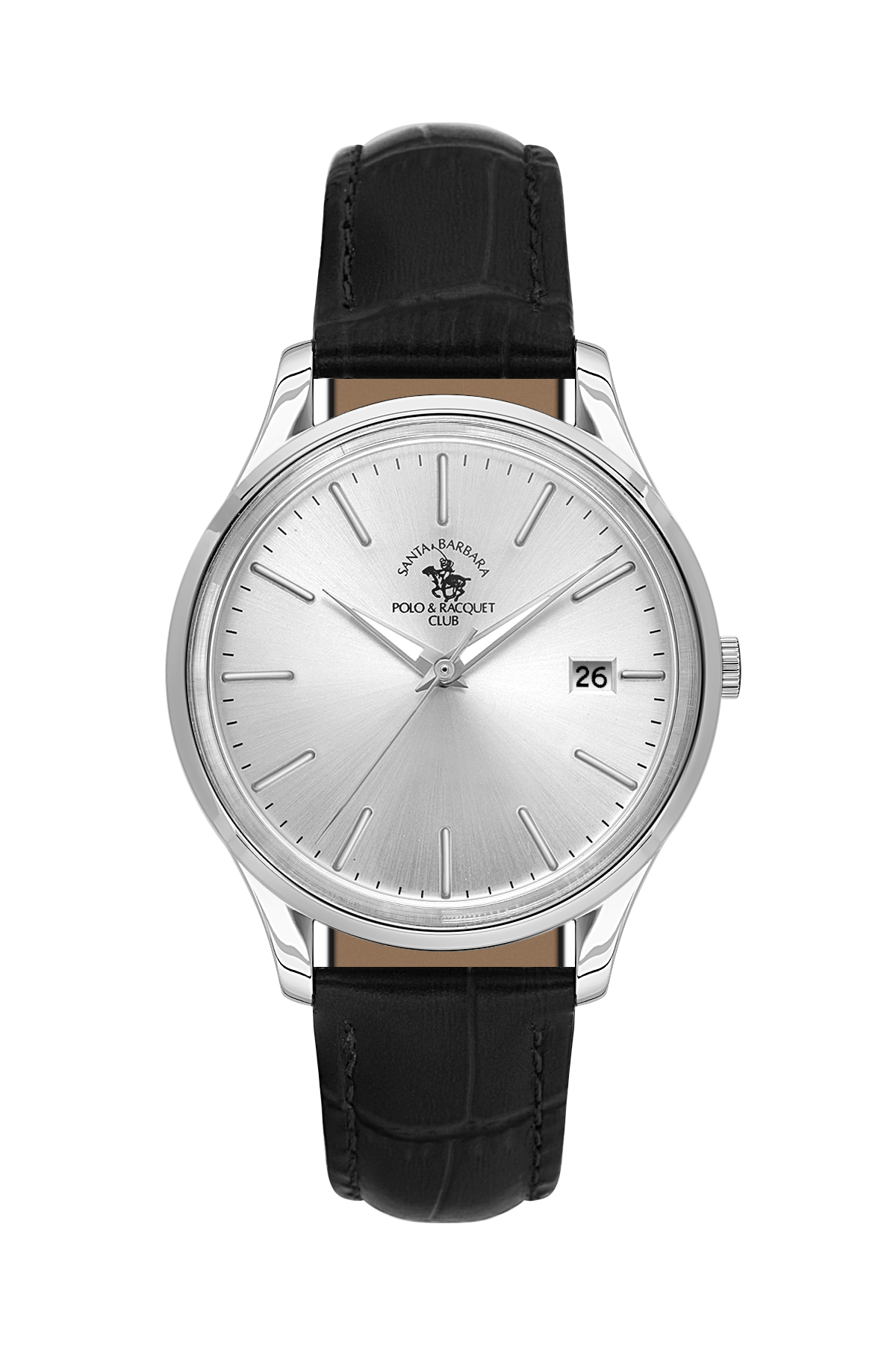 Polo Ralph Lauren watch with black leather strap and silver dial on a white background