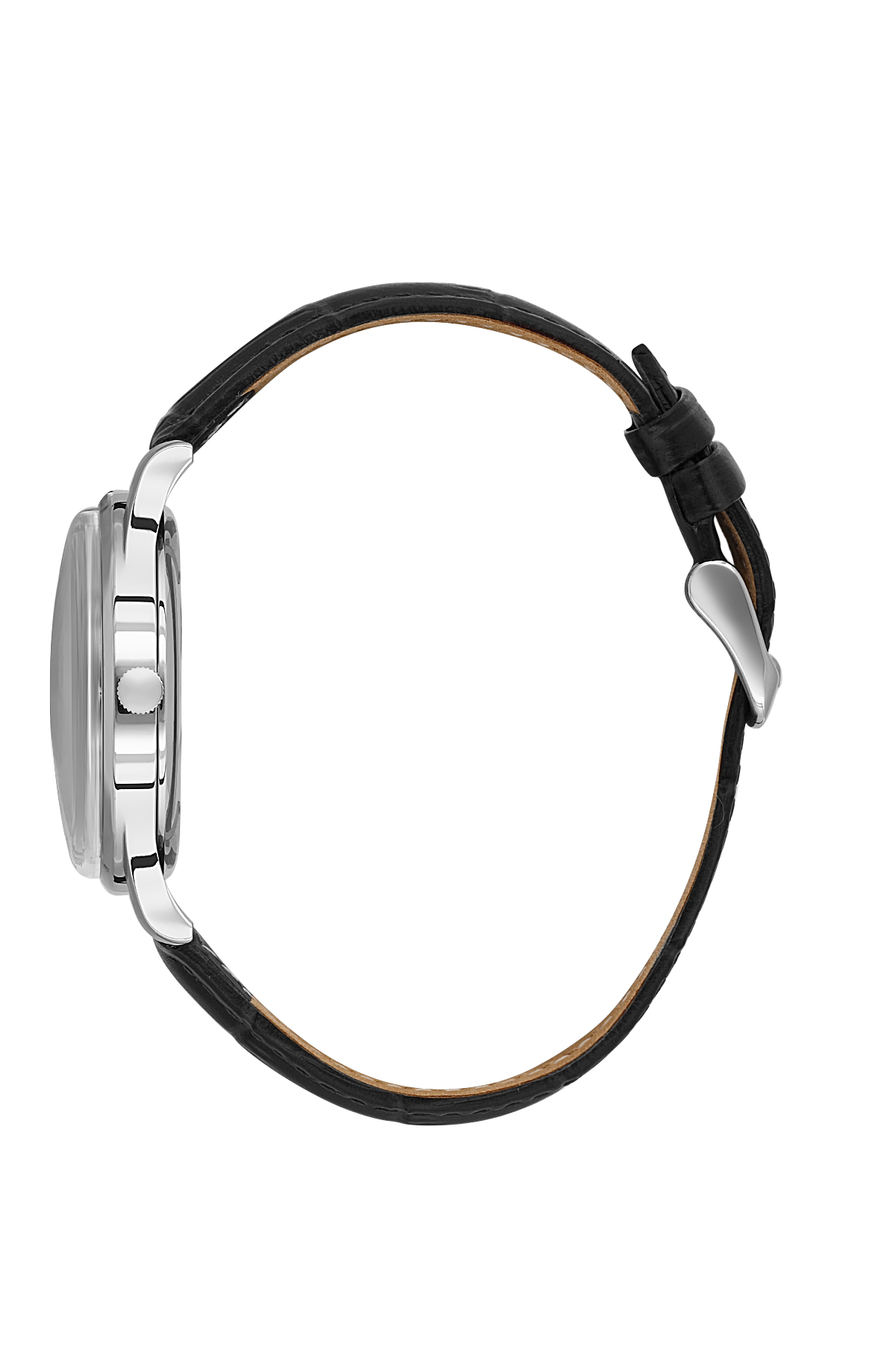 Watch with black strap and silver case on a white background
