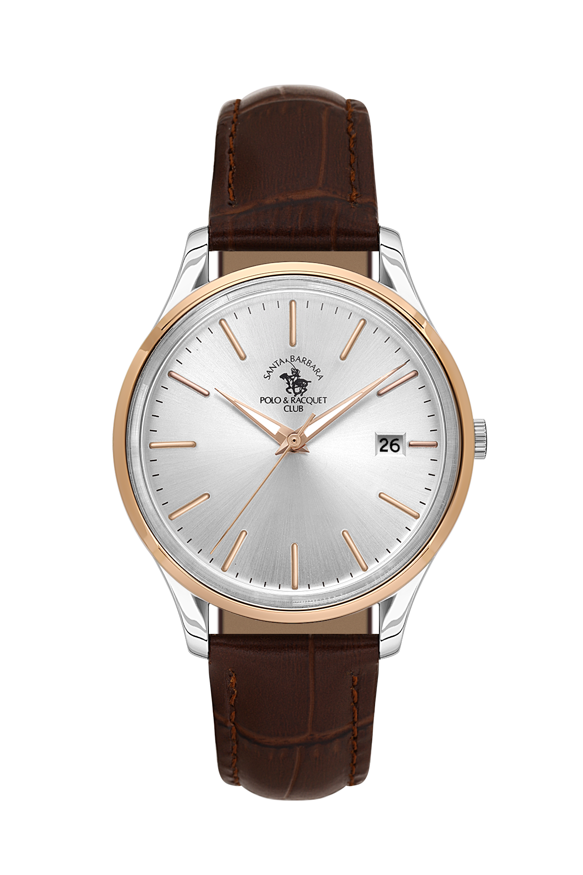 Watch with brown leather strap and silver dial on a white background