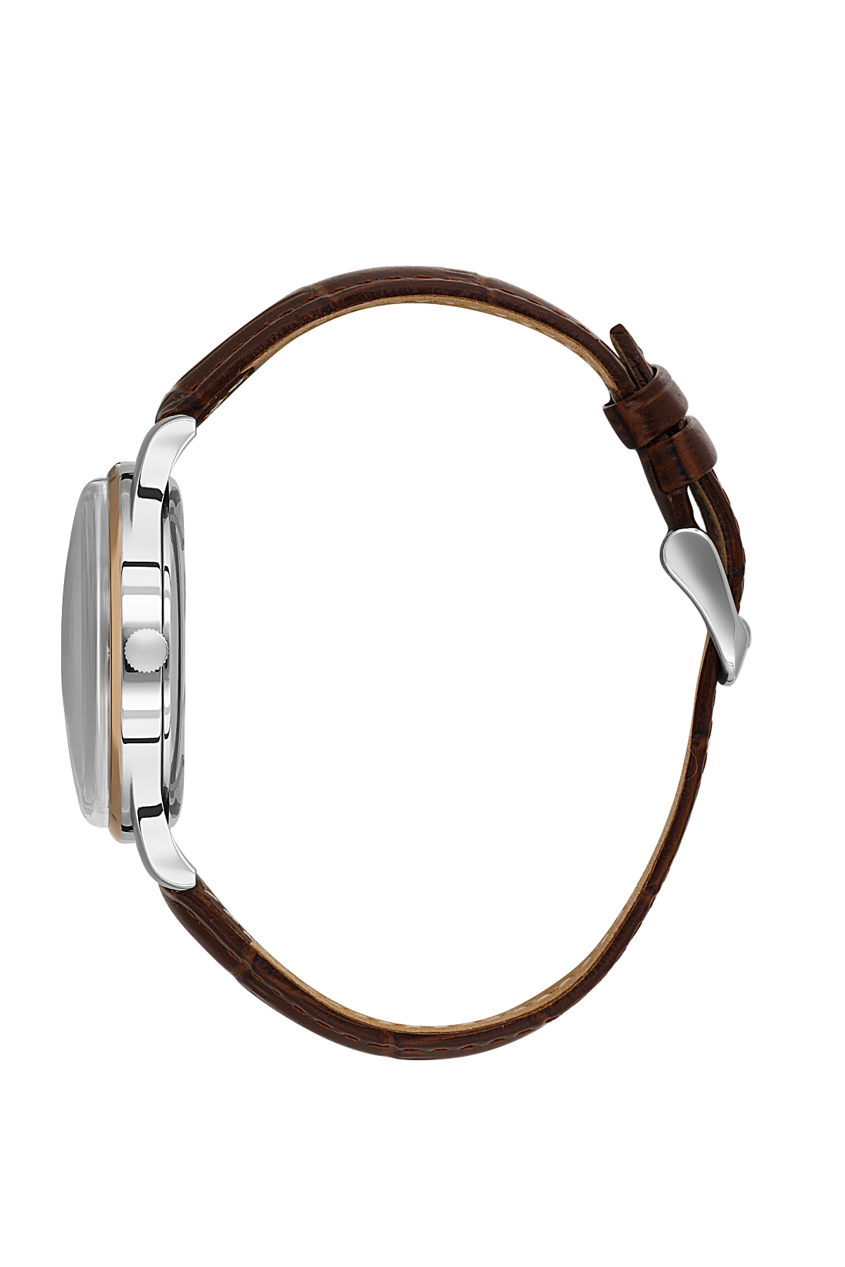 Watch with brown leather strap and silver case on a white background