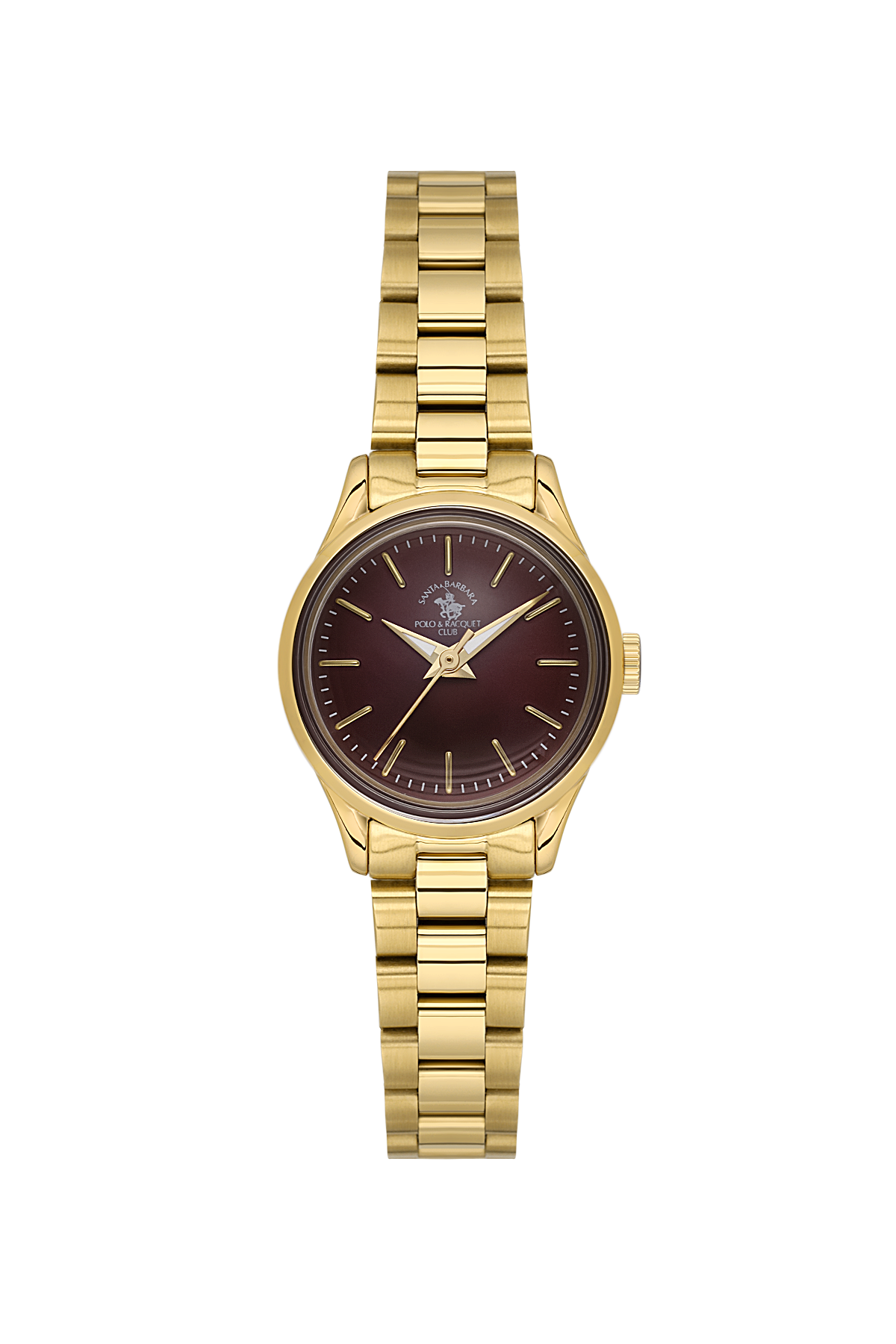 Gold watch with a dark brown face on a white background