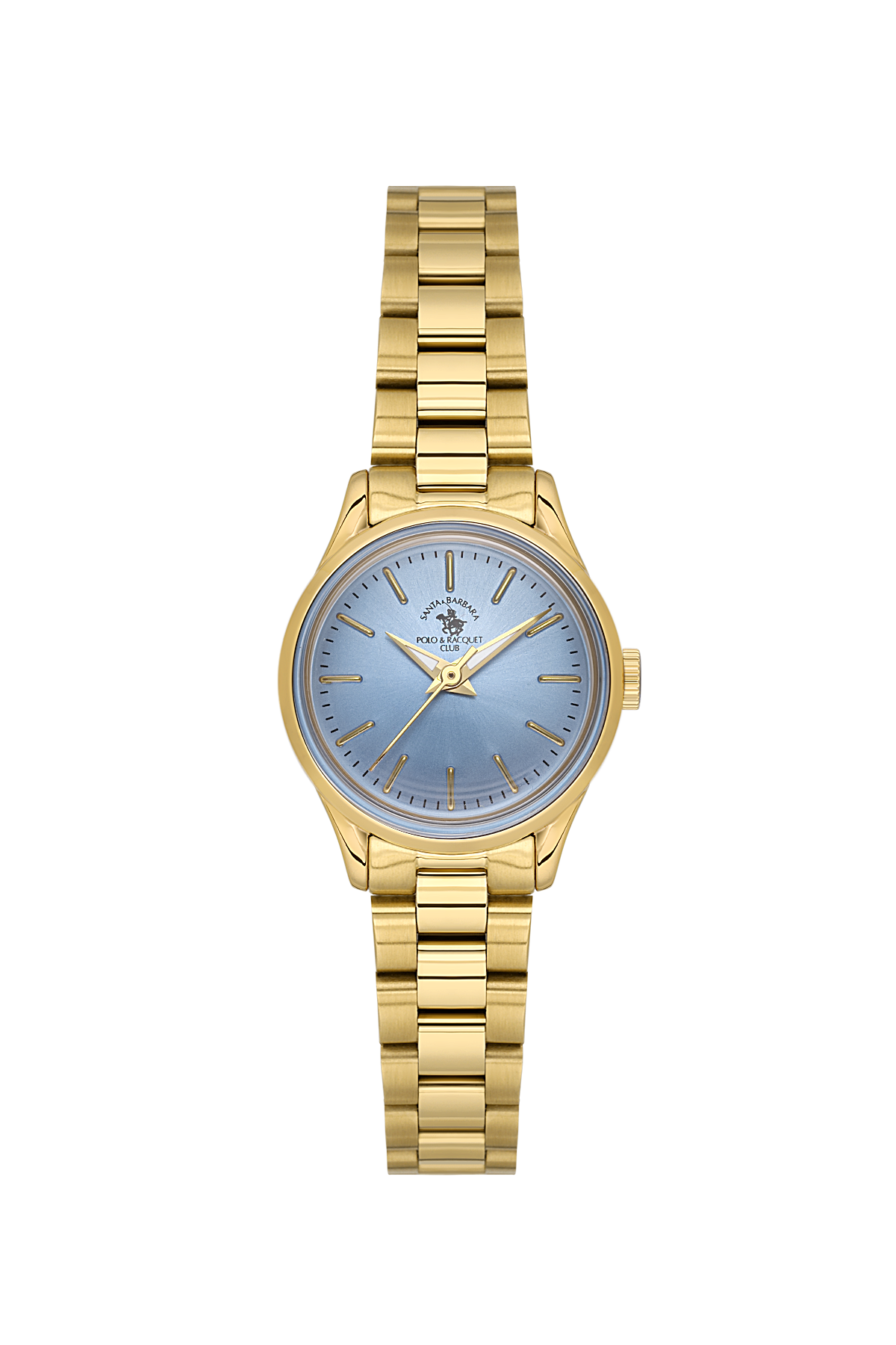 Gold wristwatch with a blue face on a white background