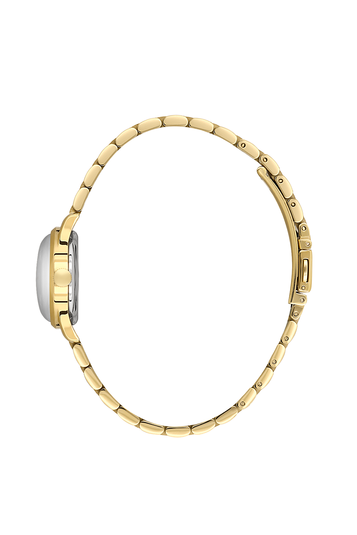 Gold watch with a white face on a white background