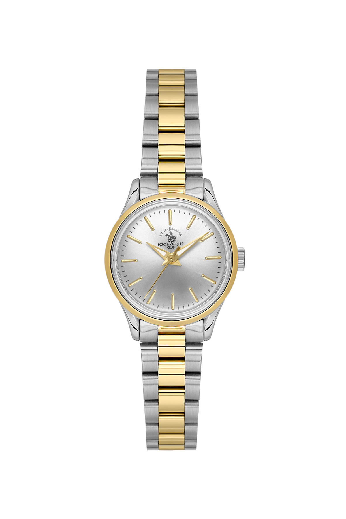 Two-tone watch with silver and gold bracelet on a white background
