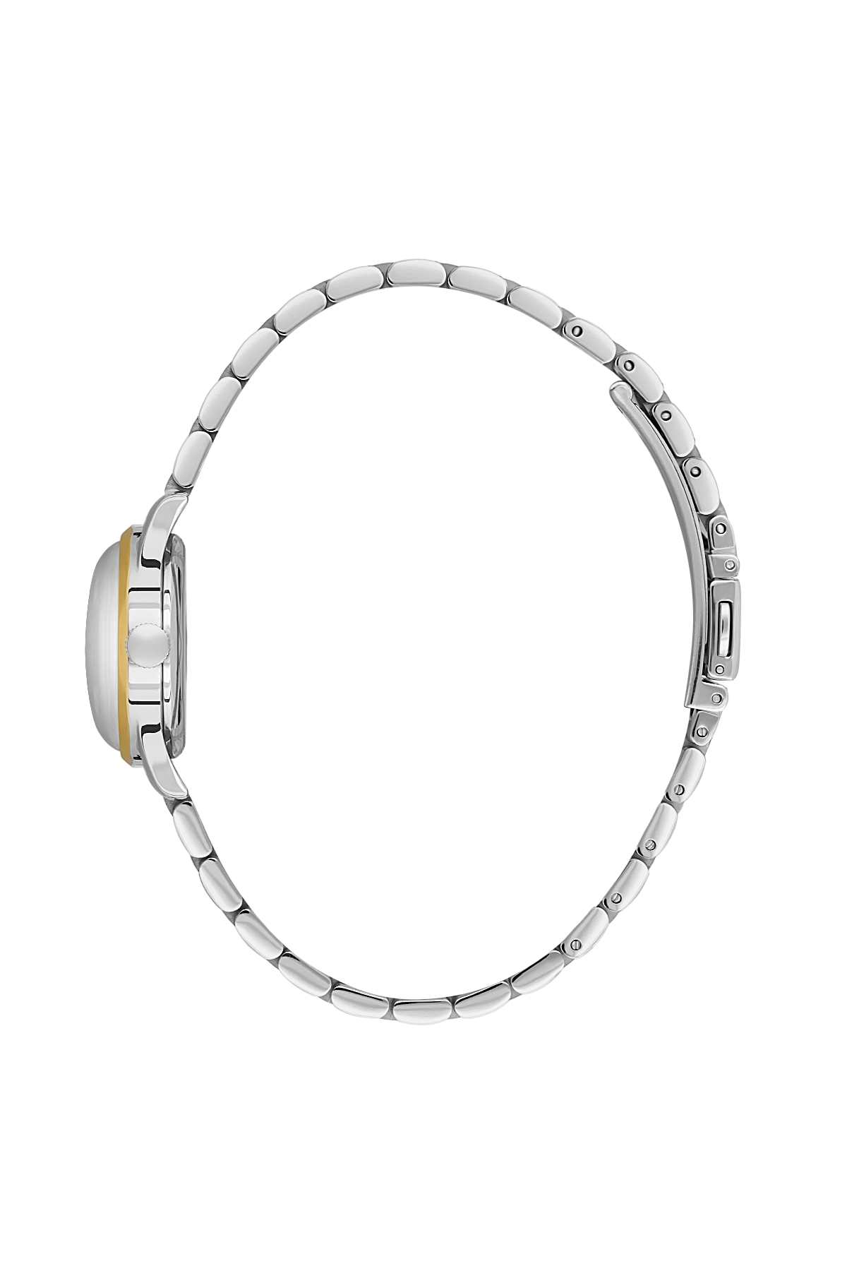 Silver bracelet with a gold clasp on a white background