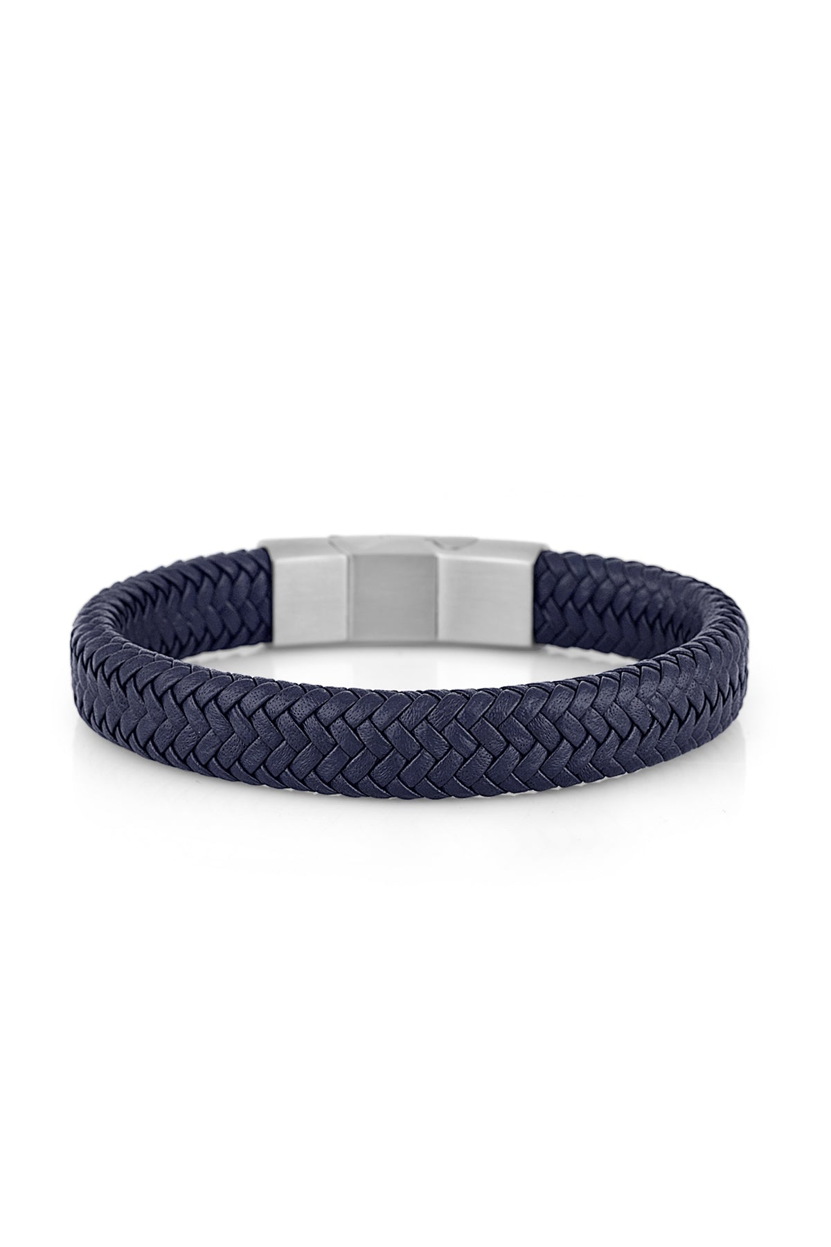 A braided leather bracelet in dark navy blue with a polished silver-tone rectangular clasp, shown on a clean white background.