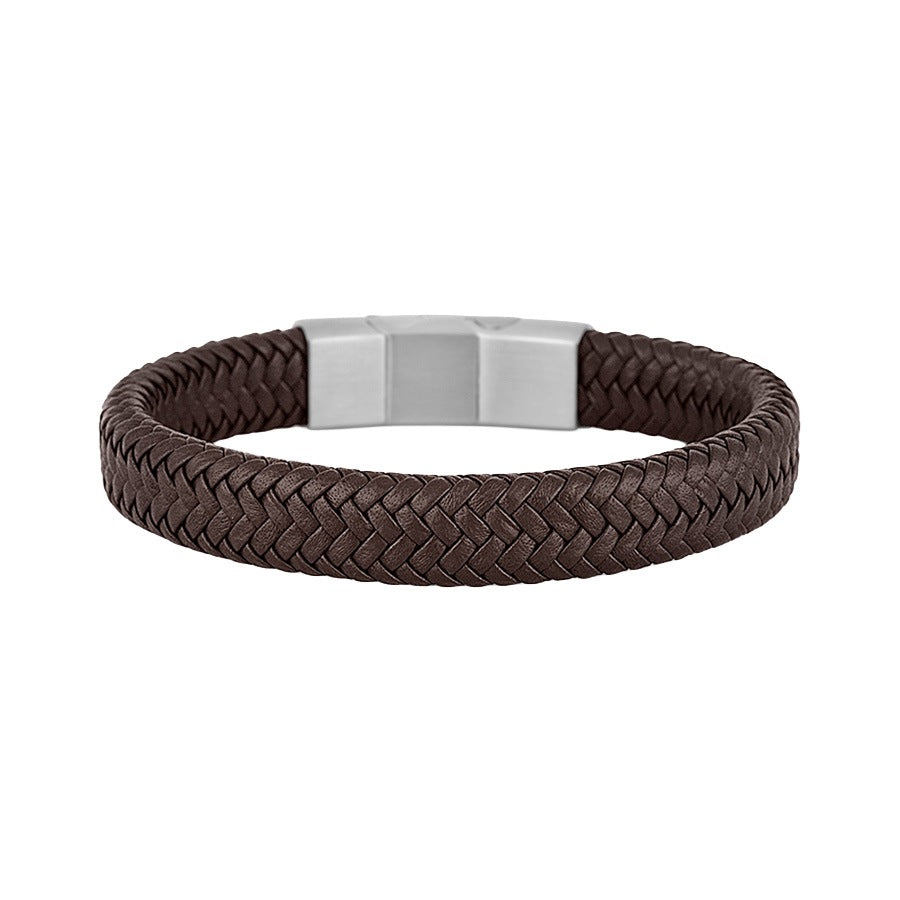 A dark brown braided leather bracelet with a polished silver-tone rectangular clasp, shown against a plain white background.