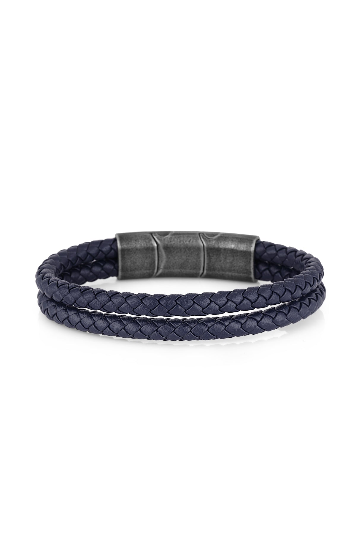 A double-strand braided leather bracelet in navy blue with a textured dark gray metal clasp, shown on a clean white background.
