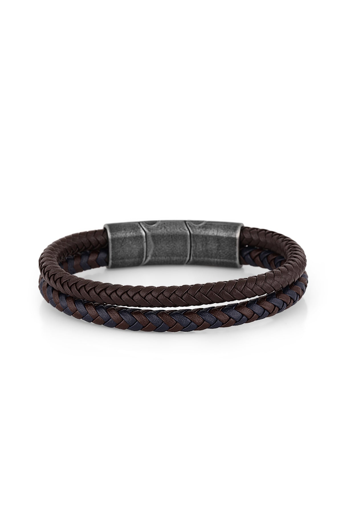 A dark brown braided leather bracelet with a textured dark gray metal clasp, displayed on a clean white background.